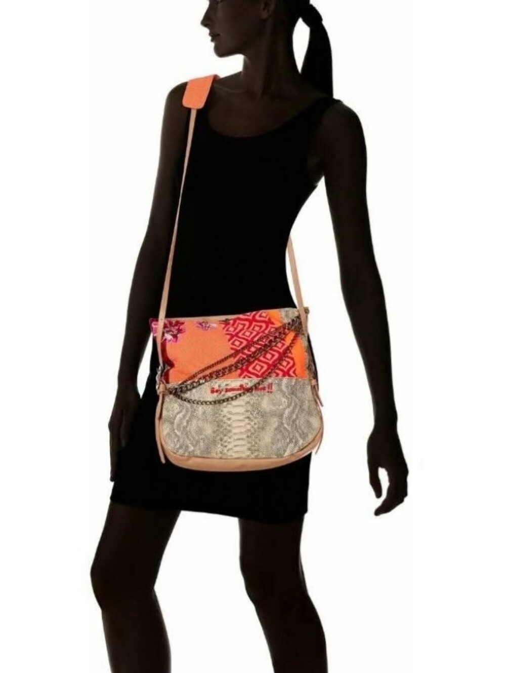 Desigual Patchwork Crossbody Bag - Orange & Snakeskin Print